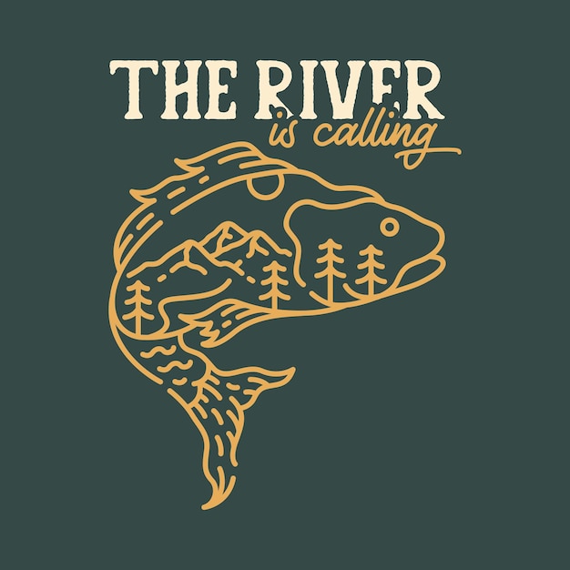 El río está llamando a la ilustración Monoline de pesca salvaje