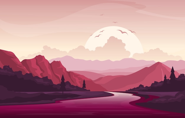 Río Mañana Amanecer Tarde Atardecer Montaña Bosque Paisaje rural Ilustración