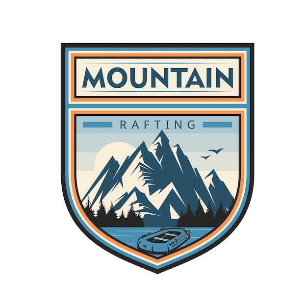 Río de montaña rafting vector icono o insignia