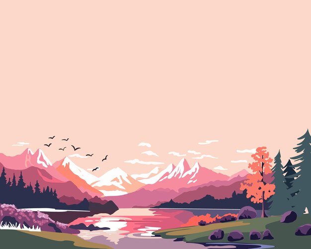 en el río en las montañas en una mañana de verano imagen escénica ilustración vectorial