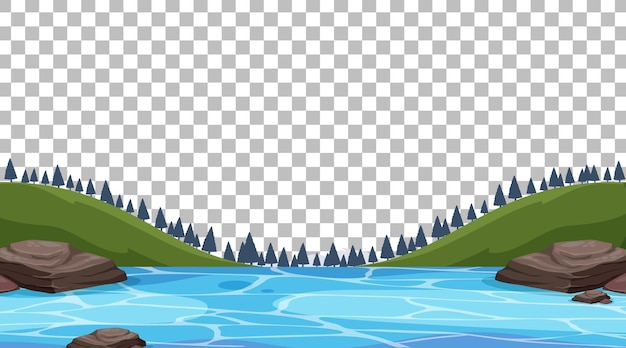 Vector río de naturaleza en blanco con paisaje de escena de bosque sobre fondo transparente