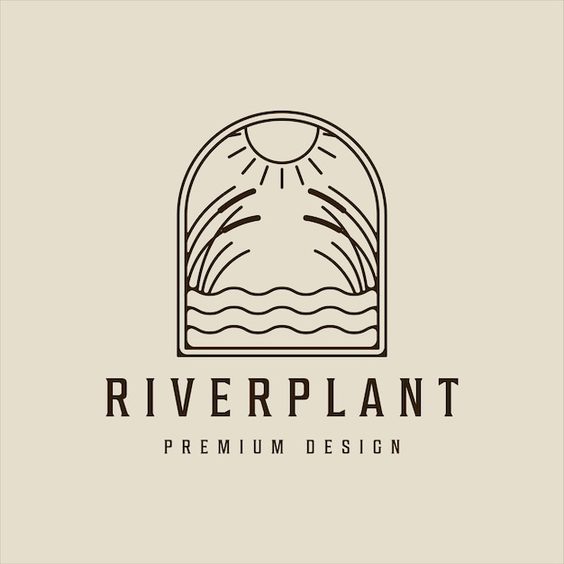 Río planta caña logo línea arte vector simple ilustración plantilla icono diseño gráfico totora hierba naturaleza signo o símbolo para el medio ambiente concepto natural con insignia y tipografía