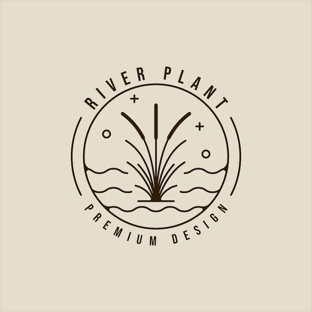 Río planta reed logo línea arte vector simple ilustración plantilla icono diseño gráfico totora hierba naturaleza signo o símbolo para el medio ambiente concepto natural con insignia de círculo y tipografía