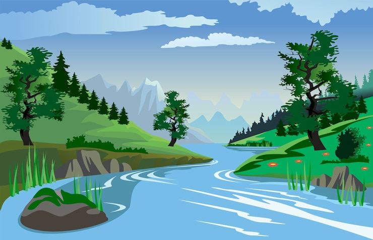 Vector río que fluye a través de colinas