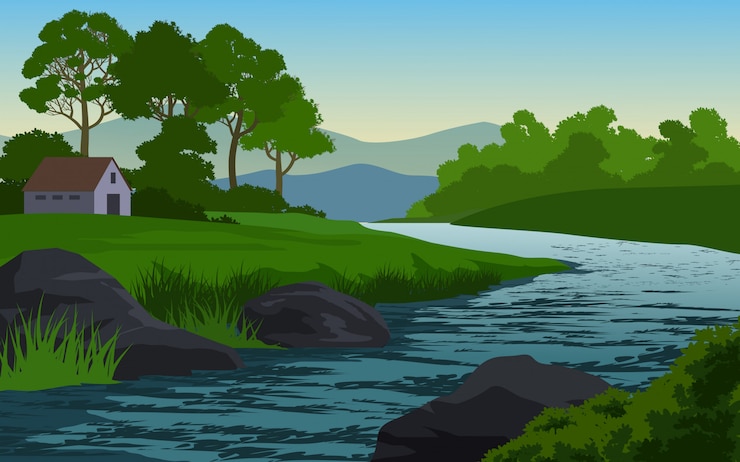 Vector río rocoso en un hermoso campo