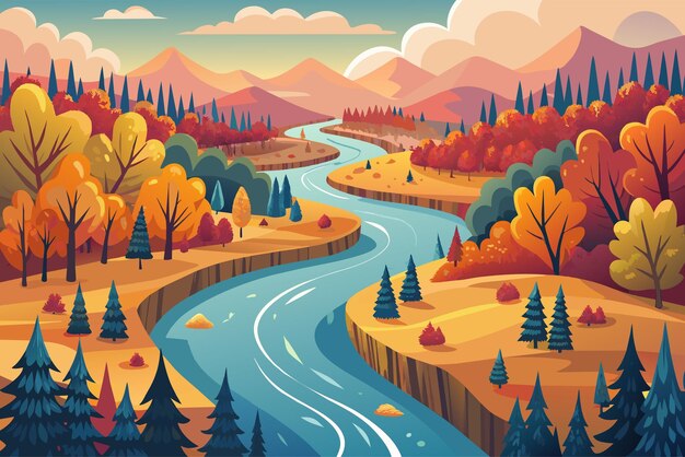río serpenteante flanqueado por árboles con hojas que comienzan a cambiar de color señalando la llegada del otoño