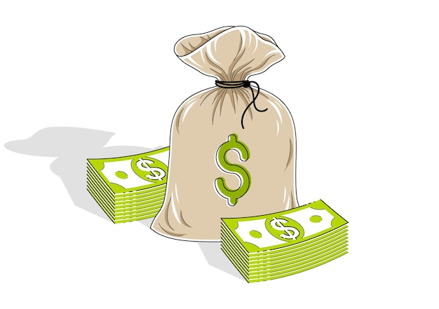 Riquezas en efectivo y ahorros, bolsa de dinero con montones de dólares aislados en fondo blanco. Ilustración isométrica de negocios y finanzas vectoriales, diseño de línea delgada 3d.