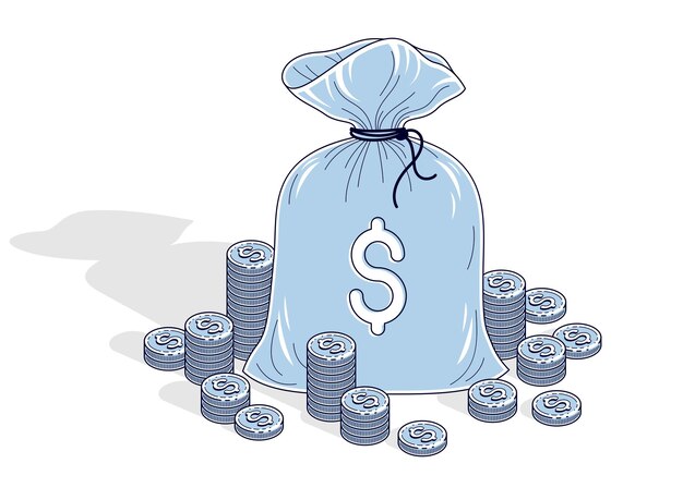 Riquezas en efectivo y ahorros, bolsa de dinero con pilas de centavos de monedas aisladas en fondo blanco. Ilustración isométrica de negocios y finanzas vectoriales, diseño de línea delgada 3d.