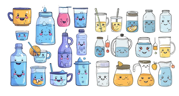 Risa garabatear mascotas de agua en tazas vasos y botellas rituales de agua ilustración con frascos tazas termos