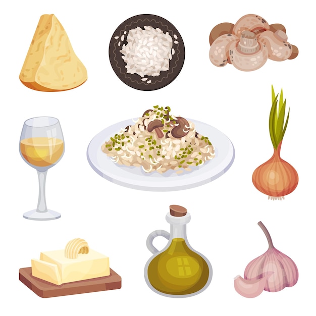 Risotto de setas es un plato italiano con ingredientes para cocinar. ilustración vectorial