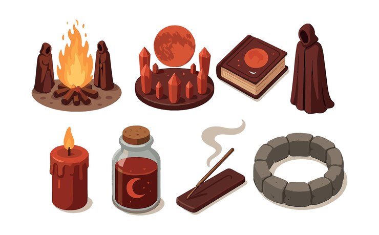 Vector los rituales de la luna de sangre, el icono, el fuego, la túnica, la vela, la poción, el incienso, el cristal, el libro, el círculo, la capa.