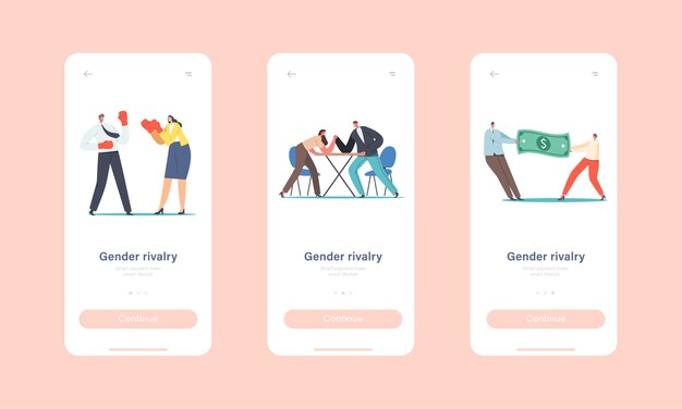 Rivalidad de género, competencia, plantilla de pantalla integrada de la página de aplicación móvil de liderazgo. Personajes masculinos y femeninos Batalla y lucha, concepto de lucha de hombre y mujer. Ilustración de Vector de gente de dibujos animados