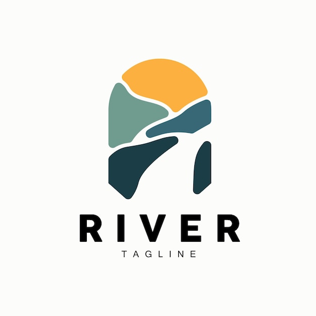 River Logo Streamer Vector River Bank Montañas y Granja Diseño Ilustración Símbolo Icono