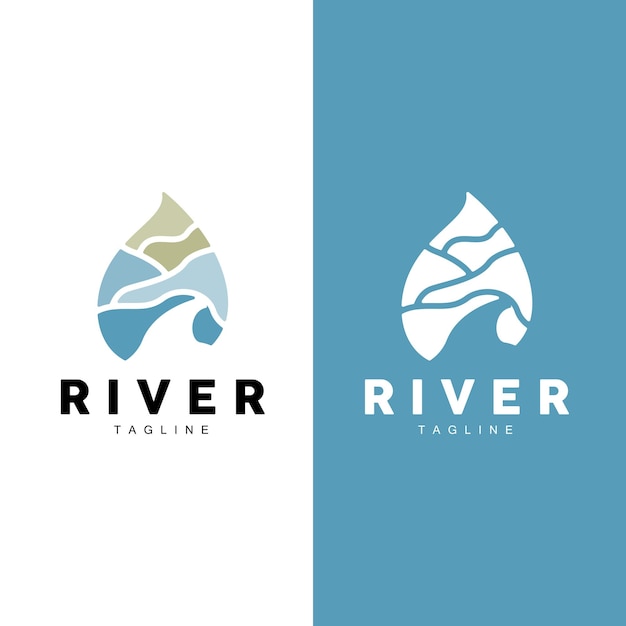 River logo streamer vector river bank montañas y granja diseño ilustración símbolo icono