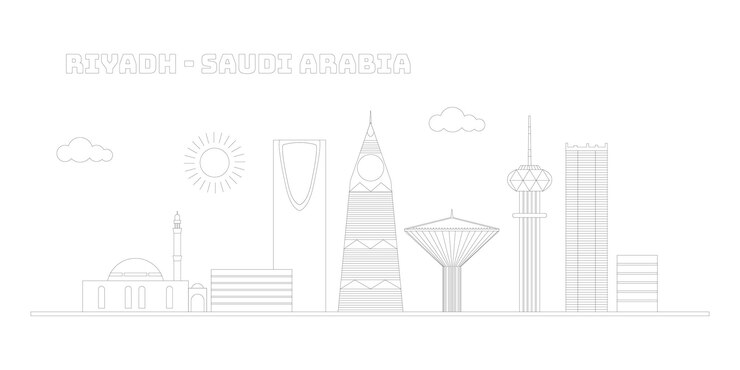 Riyadh, arabia saudita, paisaje urbano, horizonte, bosquejo, ilustración, vector, famoso, ciudad popular, en el mundo, en, negro, estilo blanco