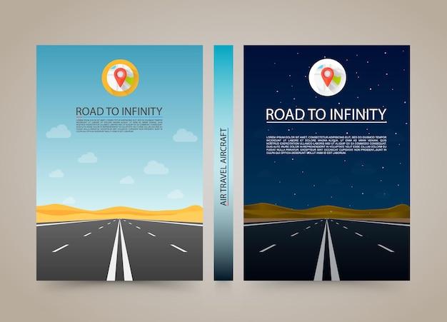 Vector road to infinity cover, banner de carretera de día y noche, papel de tamaño a4, ilustración vectorial