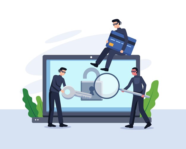 Robar la ilustración del concepto de datos. Criminal y ladrón pirateando computadoras y robando datos y dinero. Vector en un estilo plano