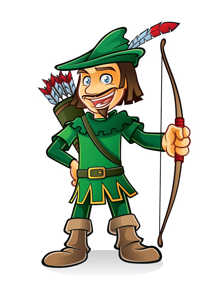 Vector robin hood se puso de pie sonriendo y sosteniendo un arco.