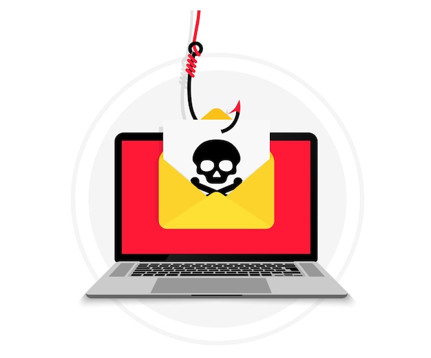 Robo de cuenta. Portátil con sobre de correo electrónico en anzuelo. Hackeo y robo de identidad. Phishing de datos de correo electrónico. Distribución de mensajes de correo electrónico fraudulentos, virus de propagación de malware. Concepto de piratería. Software espía, malware.