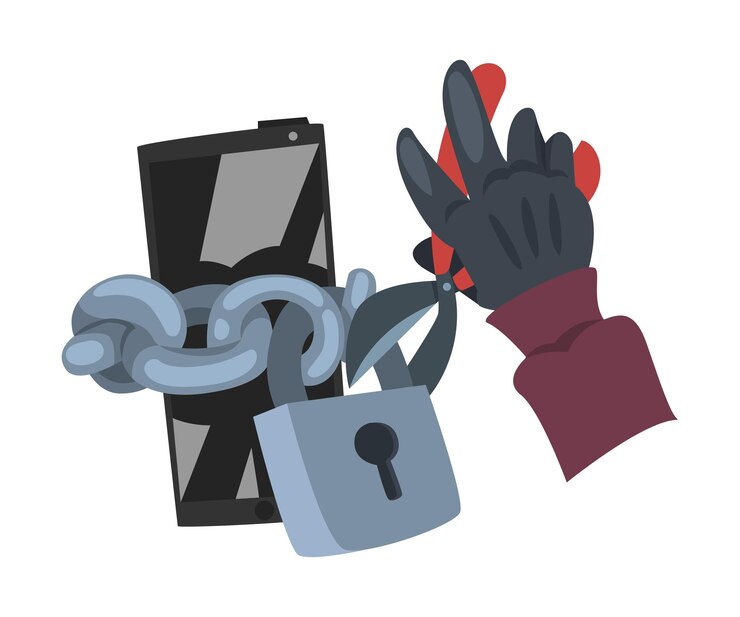 Vector el robo de datos del hacker con guantes rompiendo en el teléfono inteligente ilustración vectorial