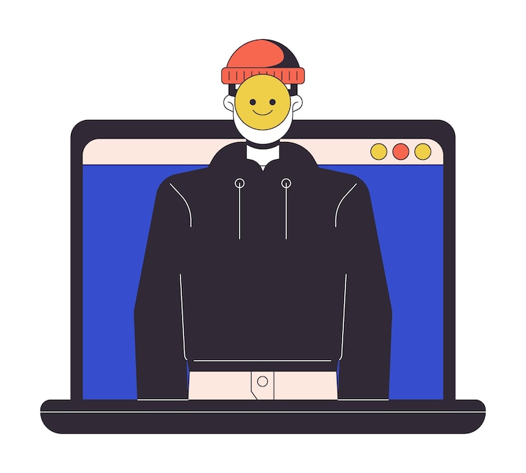 Vector robo de identidad en concepto de línea plana portátil ilustración de punto vectorial personalidad robada hacker personaje de dibujos animados 2d en blanco para diseño de interfaz de usuario web delito cibernético desactivar imagen de héroe de color aislado