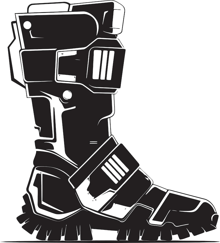 Vector robo runners icono vectorial de tecnología avanzada botas cyber stride botas futuristas icono de logotipo negro