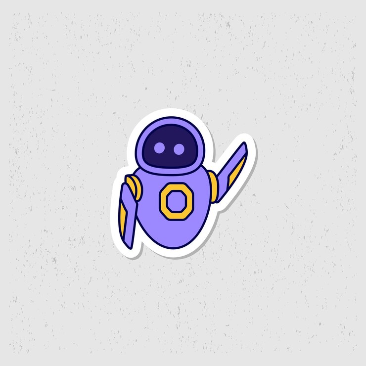 Vector robot adhesivo de saludo mascota diseño vectorial de personaje en color púrpura diseño plano lindo