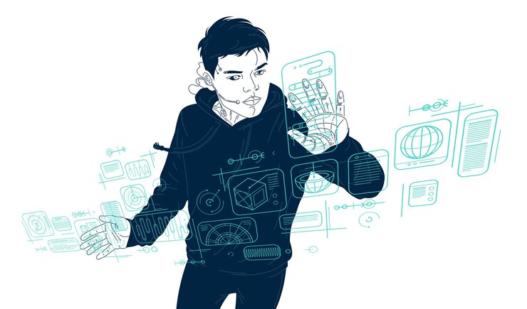 Vector el robot adolescente controla la interfaz virtual hud ilustración vectorial concepto futurista inteligencia artificial cyberpunk tecnología del futuro red neuronal