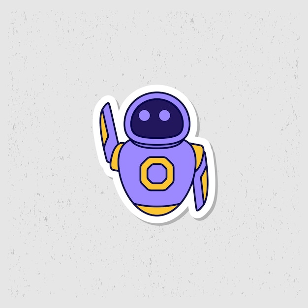 Robot agitando pegatina de mano mascota diseño vectorial de personaje en color púrpura diseño plano lindo