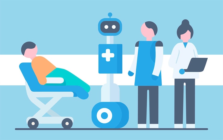 Vector robot ai ayudando al médico y a la enfermera diagnóstico del paciente tecnología avanzada cirugía en el hospital médico