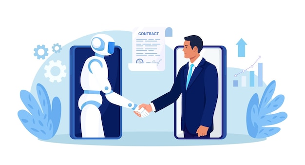 Robot Ai y hombre de negocios estrechando la mano Asociación entre hombre robots humanoides Colaboración en línea entre inteligencia artificial humana Contrato con cyborg máquina del futuro