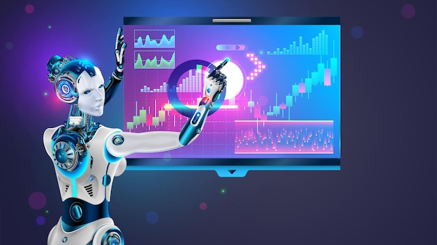 Robot AI trader analyses chart of stock exchange market Woman robot trader education trading Automated trading AI system Bot trader developing trading strategy on stock exchange market Ai fintech
