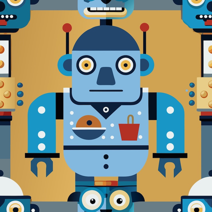 Vector un robot amigable en azul y amarillo con un cubo rojo