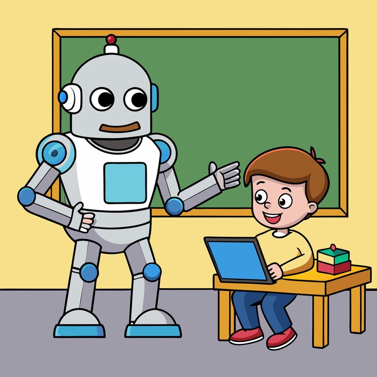 Vector un robot amigable enseña a un estudiante sobre tecnología en el aula