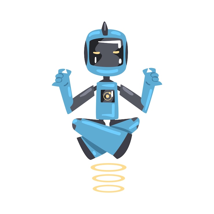 Vector robot amigable meditando volando sobre el piso asistente robótico personal lindo personaje inteligencia artificial concepto ilustración vectorial de estilo de dibujos animados