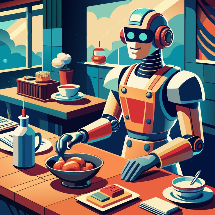 Vector un robot amigable prepara una comida en la cocina