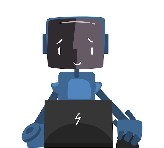 Robot amigable sentado frente a la computadora Android lindo trabajando con ilustración vectorial de portátil en fondo blanco