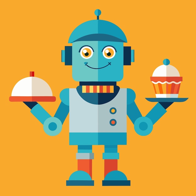 Un robot amigable sostiene un pastel y una campana