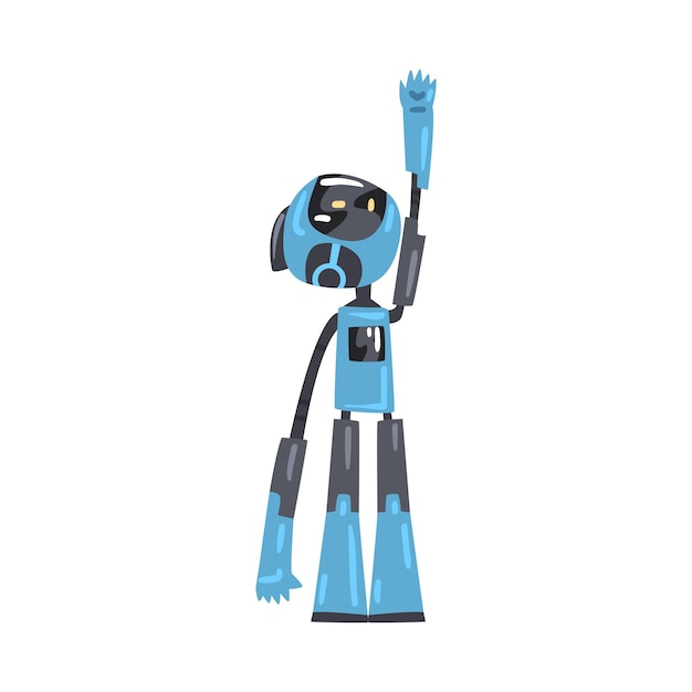 Robot amistoso mirando hacia arriba levantando su mano Asistente robótico personal lindo Personaje Inteligencia artificial Concepto Ilustración vectorial de estilo de dibujos animados