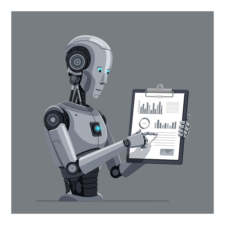 Vector robot analizando datos con cartón de recortes en el arte vectorial de diseño plano mínimo