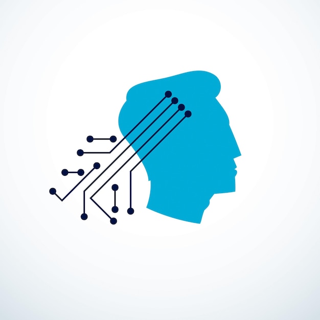 Robot androide humano informático, concepto de inteligencia artificial. Perfil humano con icono de elementos electrónicos. Diseño de logotipo vectorial. Software inteligente, idea de máquinas inteligentes y mente digital.