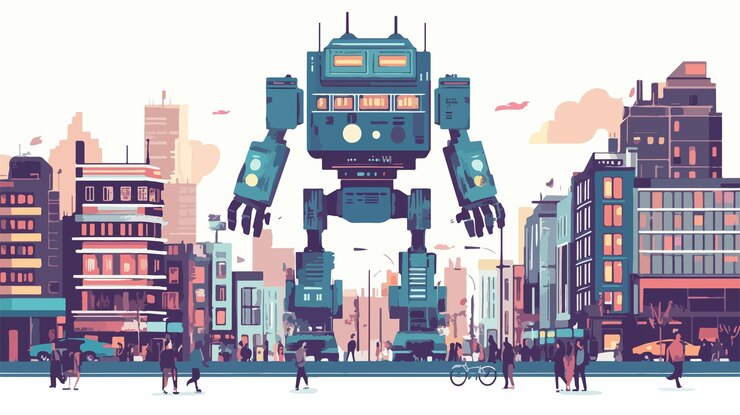 Vector un robot antiguo explorando una calle bulliciosa al anochecer