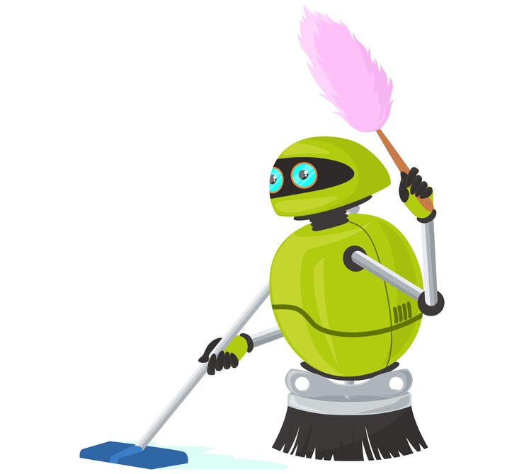 Vector robot asistente limpieza piso vector plano icono