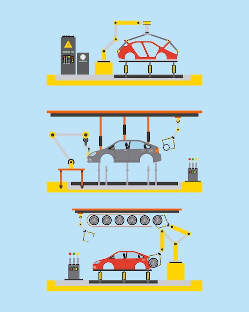 El robot automático del paso del proceso de la planta de producción del coche funciona