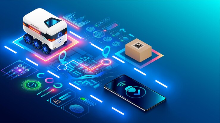 Vector robot autónomo sobre ruedas entrega las compras a casa ruta automática de drone rover en el mapa de la ciudad al comprador servicio de entrega de mensajería automática para compras seguimiento de la entrega de pedidos en teléfono renderización 3d