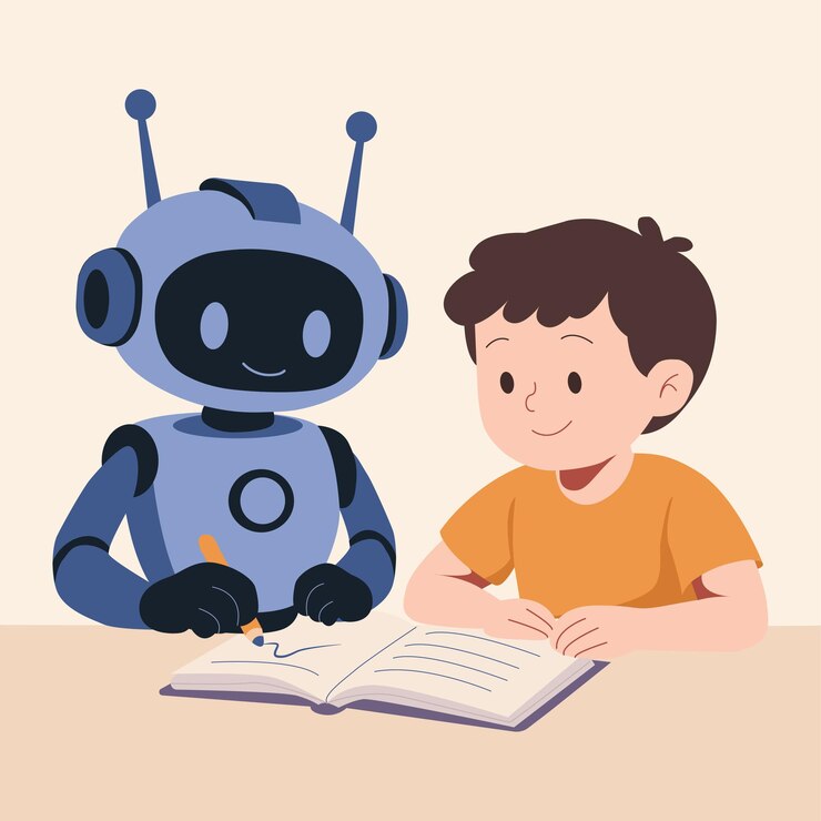 Vector robot ayudando al niño con la tarea robot lindo enseñando a un niño mientras estudian juntos en una mesa