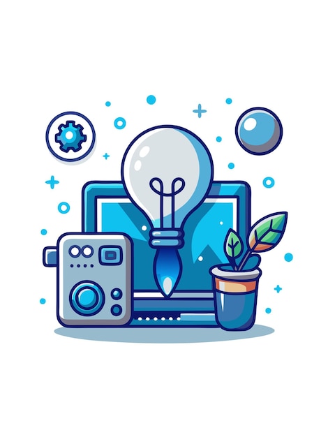 un robot azul con una olla de planta y una olla con una planta en ella