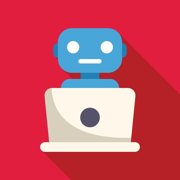 Robot azul usando una computadora portátil sobre un fondo rojo
