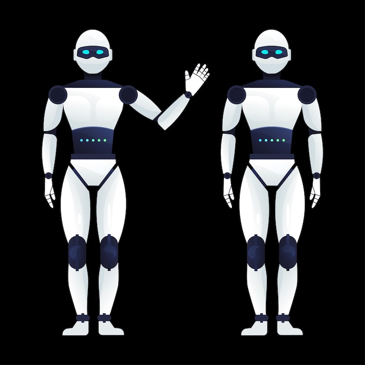 Vector robot blanco con cuerpo como humano. inteligencia artificial. ilustración de vector de estilo plano