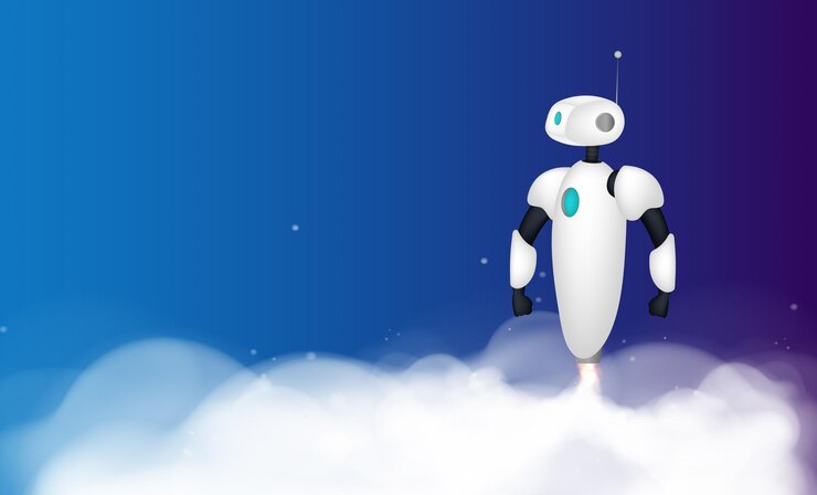 Vector el robot blanco despega. rastros de humo. ilustración.